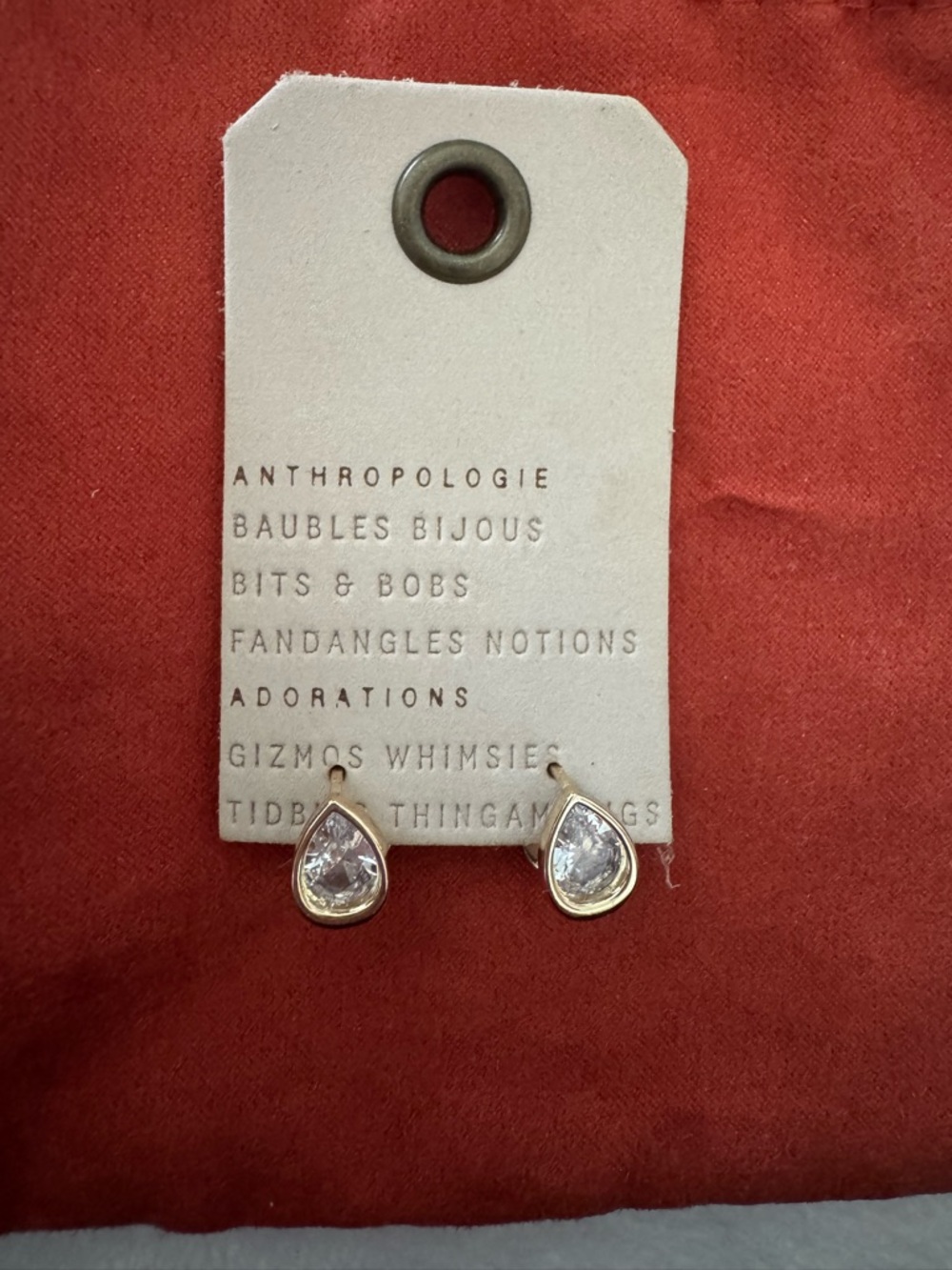 Anthropologie Gold Teardrop Clear Crystal Stud Earrings
